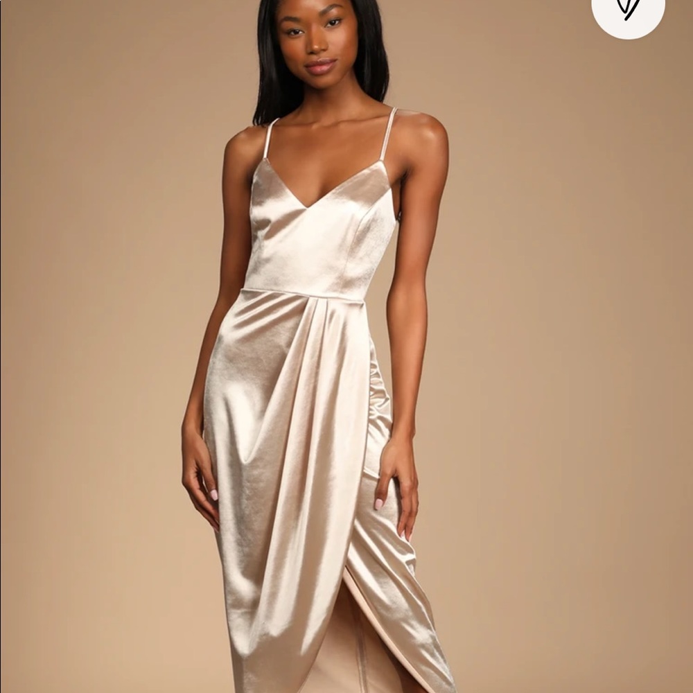 Lulus Reinette Champagne Satin Midi Dress Size XS